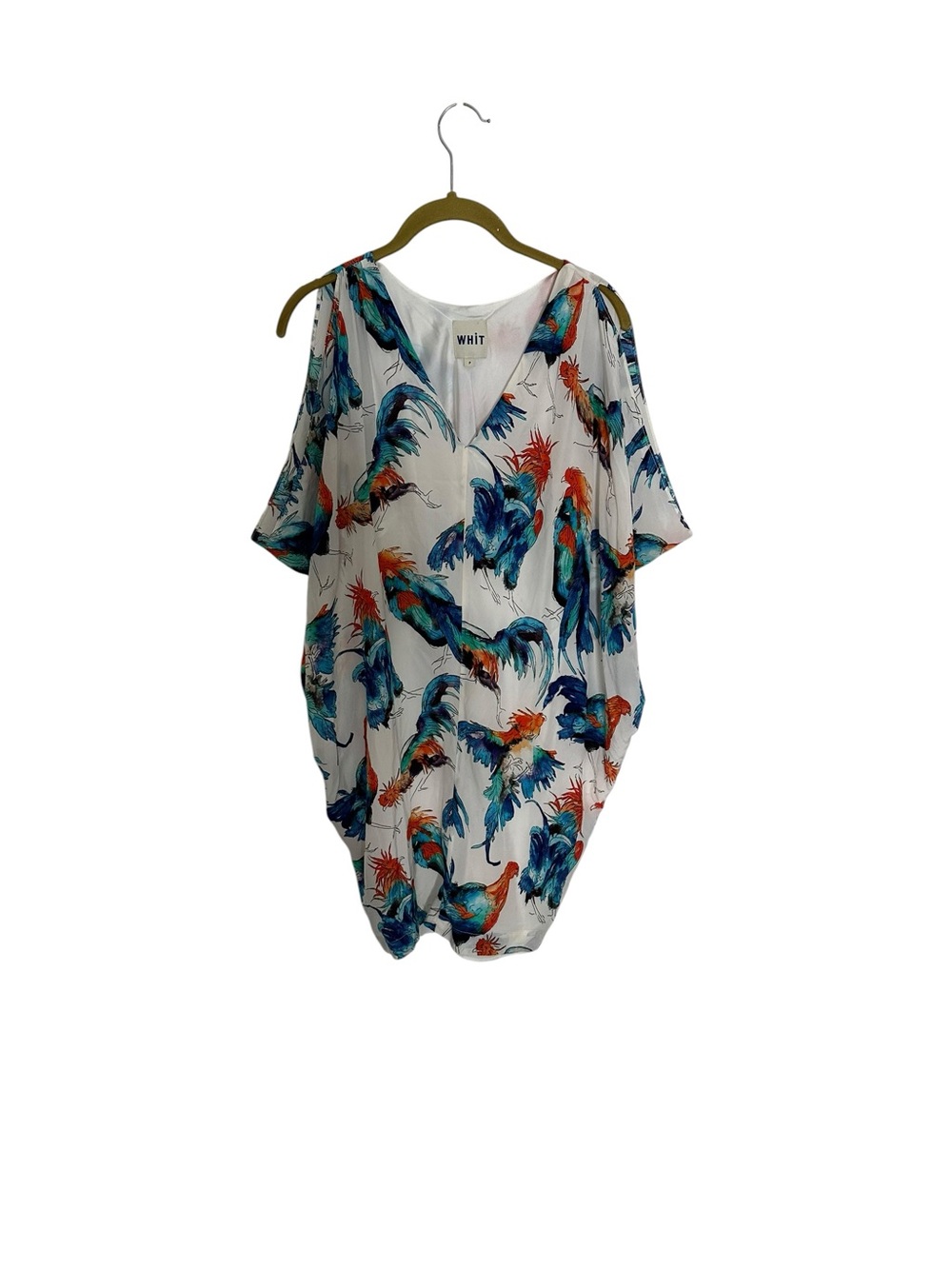 WHIT White V-Neck Tropical Print Women’s Top Parrot Silk Petite